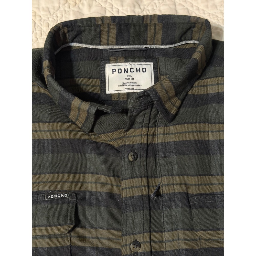 Poncho Flannel Shirt Mens XXL Green Black Plaid Slim Fit Magnetic Pockets